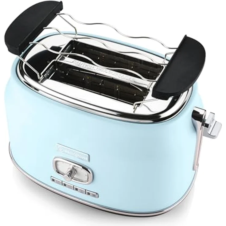Westinghouse Retro Toaster 2 Scheiben, Abnehmbarer Brötchenaufsatz, 6 Bräunungsstufen, Brotzentrierung, Auftau-, Aufwärm- & Stoppfunktion, Kontrollleuchte, Ausziehbare Krümelschale, hellblau – Bild 3