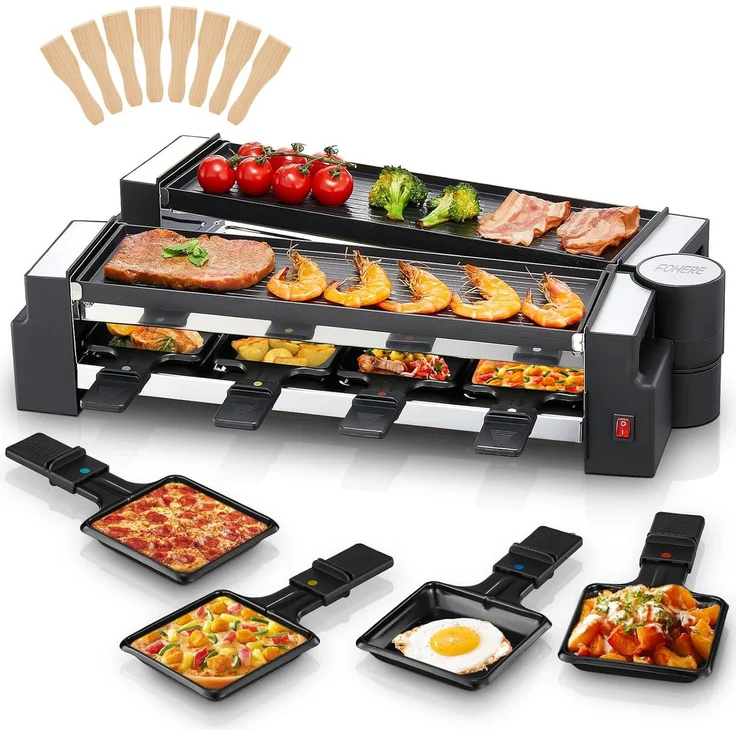 FOHERE Raclette Drehbarer Raclette Grill 8 Personen, 1400 W mit 2-in-1-Backplatte und 8 antihaftbeschichteten Raclettepfännchen