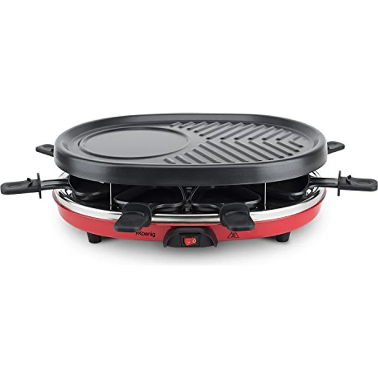H.Koenig RP412 Raclette-Gerät 4 in 1 - 8 Personen - Raclette, Natursteingrill, Crepe-Platte und Grillplatte - mit 8 Pfännchen - 900 W - schwarz-rot – Bild 4