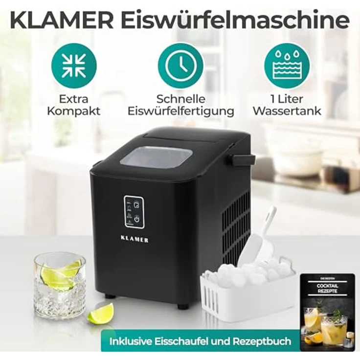 KLAMER Eiswürfelmaschine klein 2025, 8 Eiswürfel in 8 Minuten, 11 kg Eis pro Tag, 2 Eiswürfelgrößen, 1 L Wassertank, geräuscharm mit Tragegriff und Eisschaufel – Bild 2