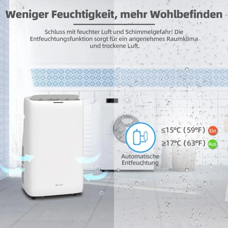 Be Cool Mobiles Klimagerät 4-in-1, 16.000 BTU/h mit Heizfunktion, WIFI, Fernbedienung und LCD-Display, Weiß, für Räume bis 58 m² – Bild 5