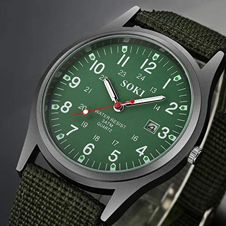 JewelryWe Herren Armbanduhr Militär Design, grüne Quarz Analog Uhr mit Kalender und LED Licht, Canvas Stoff Band – Bild 4
