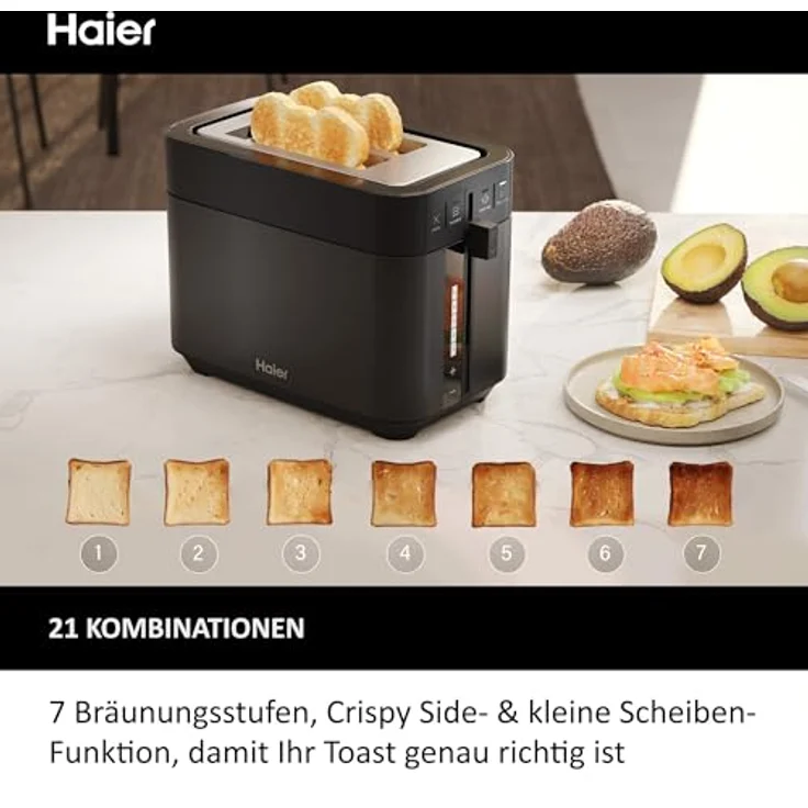 Haier Toaster aus Edelstahl, 2 Scheiben, 1150W I Extra tiefe Schlitze & Hebegriff zum Anheben gegen Verbrennung I Mit Anti-Staub-Deckel & 7 Bräunungsstufen für Brot, Baguette & Bagel [Serie 5- HTO5A3] – Bild 4
