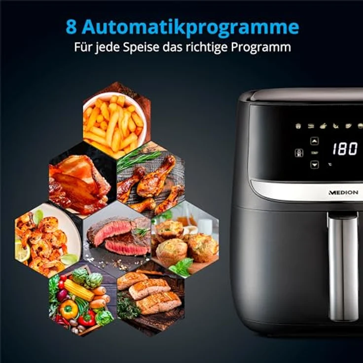 MEDION E50 XL Heißluftfritteuse (5,7 Liter Frittierkorb, ca. 1700 Watt, Digitales Bedienfeld, 8 Automatikprogramme, ölfreies Frittieren, 30 Min Timer, Überhitzungsschutz, MD10532) schwarz – Bild 3