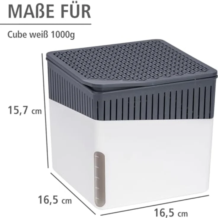 WENKO Raumentfeuchter Cube, Luftentfeuchter reduziert Schimmel und Gerüche, Auffangschale mit 1 kg Granulatblock nachfüllbar, fasst bis zu 1,6 l Feuchtigkeit, Maße (BHT): 16,5x15,7x16,5 cm, weiß – Bild 5