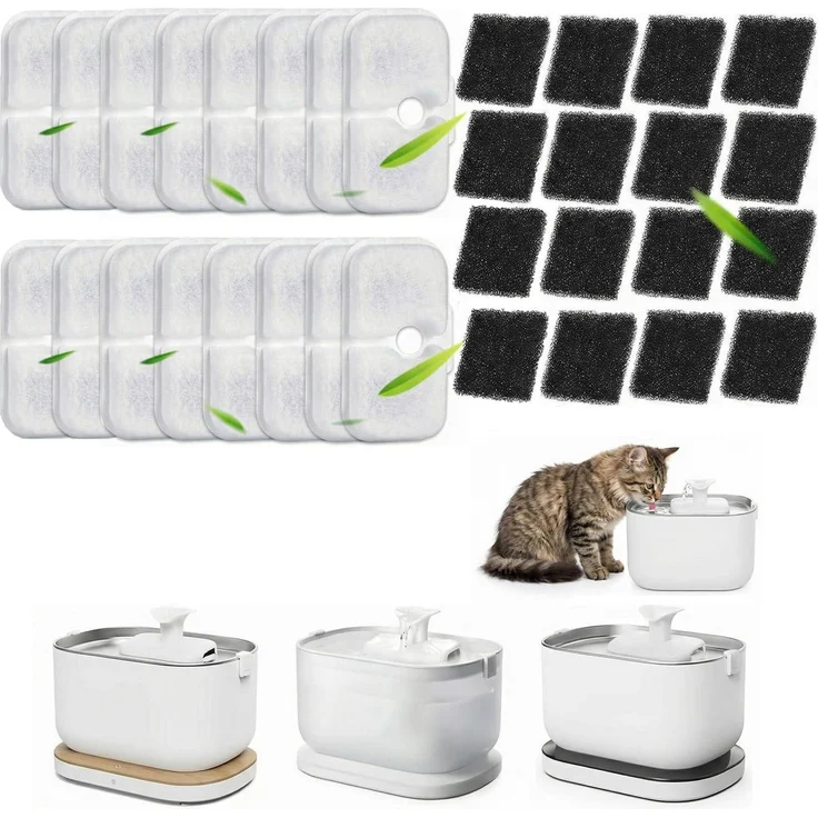 Katzenbrunnen Filter & Schwämme Ersatzkit, 16 Aktivkohlefilter und 16 Pumpenschwämme, kompatibel mit Dockstream PLWF005/PLWF105/PLWF115