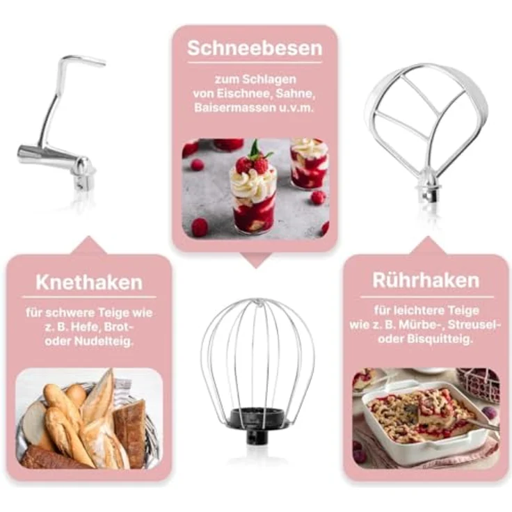 Clatronic KM 3711 Rock'n'Retro Knetmaschine inkl. transparentem Spritzschutzdeckel mit Nachfüllöffnung, 1100 Watt, 5 Liter, schwenkbarer Multifunktionsarm, Pink – Bild 3