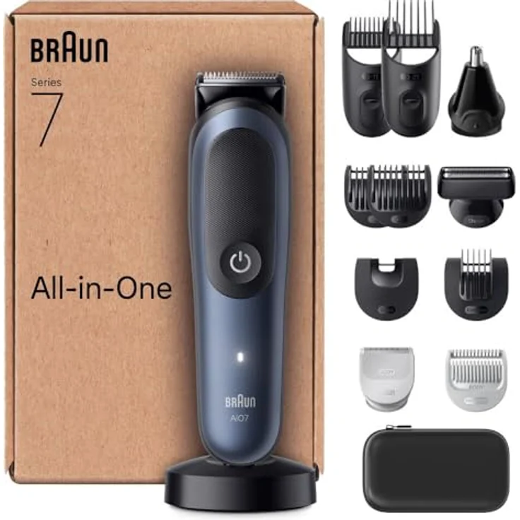 Braun All-in-One Series 7,13-in-1 Groomingset, ProBlade, Nasenhaartrimmer, AutoSense, Rasierer Herren Elektrisch, Body Rasierer, Barttrimmer und Haarschneider, 120 Min Akku, AIO7565, Blau – Bild 1