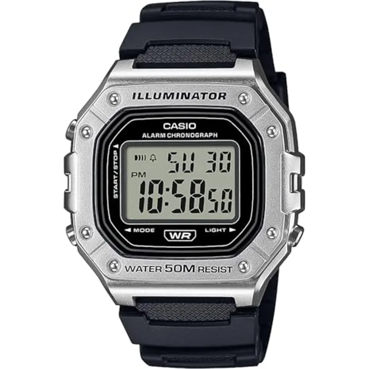 Casio Herren-Digitaluhr W-218HM-7AVEF, Schwarz/Stahlfarben mit Kunststoffarmband