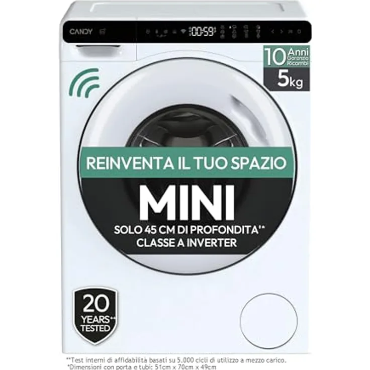 Candy CW50-BP12307WU-S, kompakte Frontlader-Waschmaschine, 5 kg, Energieeffizienzklasse A, 1200 U/min, Startzeitvorwahl, Kindersicherung
