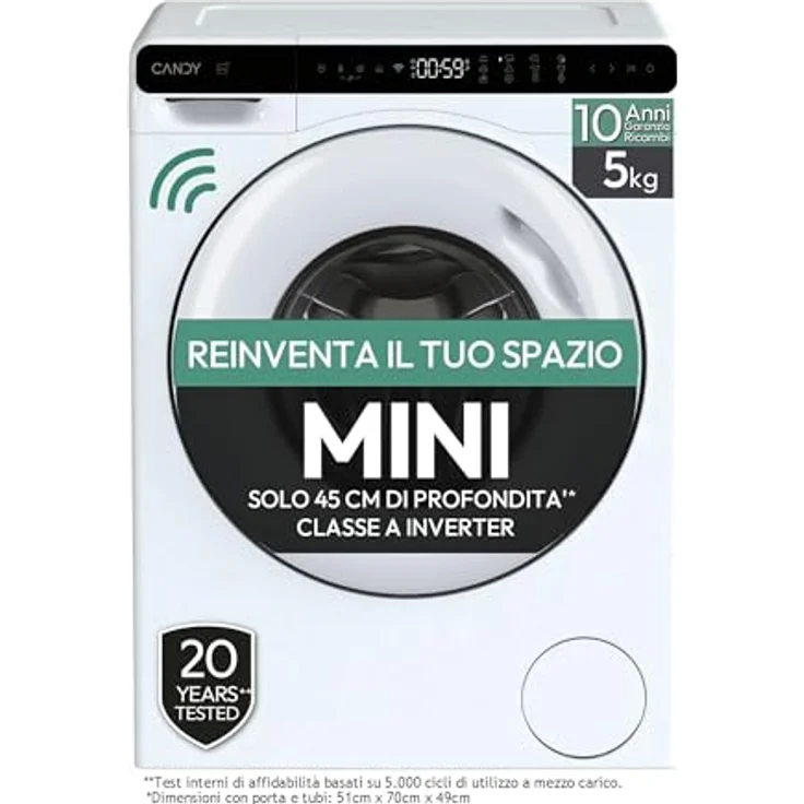 Candy CW50-BP12307WU-S, kompakte Frontlader-Waschmaschine, 5 kg, Energieeffizienzklasse A, 1200 U/min, Startzeitvorwahl, Kindersicherung – Bild 1