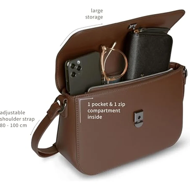 Bugatti Almata Umhängetasche M, handliche 25 cm Schultertasche aus strapazierfähigem Polyurethan, braun, mit verstellbarem Schultergurt und Reißverschlussfächern – Bild 5
