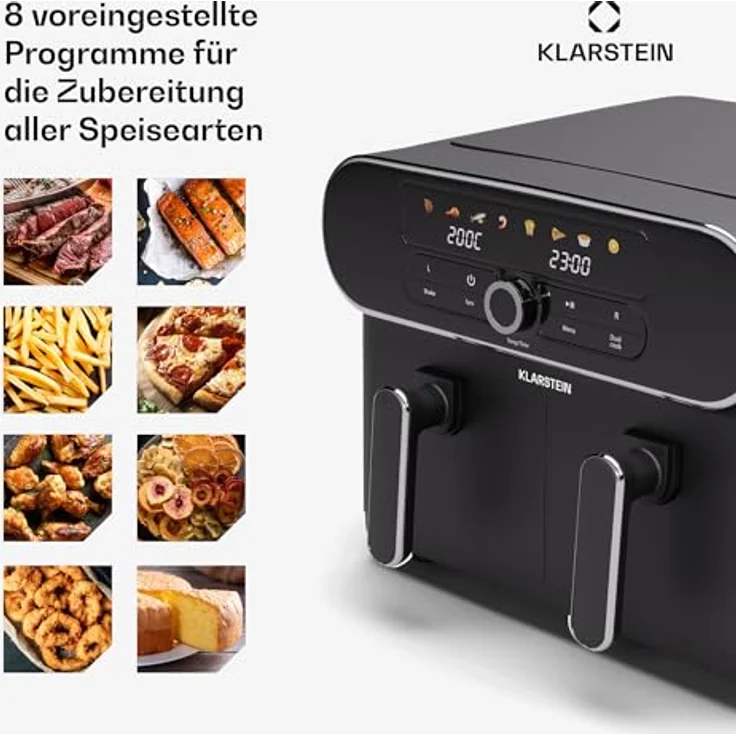 Klarstein AuraAir Color Touch Dual Heißluftfritteuse – 11L Dual-Kammer Airfryer, 1700 W, 8 Programme, Touchscreen, 75% Weniger Fett, Antihaft, Überhitzungsschutz, Schwarz/Silber – Bild 5