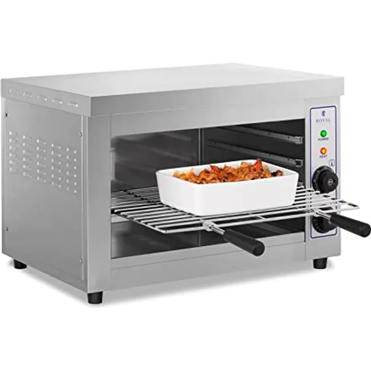 Royal Catering Salamander Grill Überbackgerät (230 V, 3250 W, 50–300 °C, Edelstahl, Auffangbehälter, Timer, Grillrost)