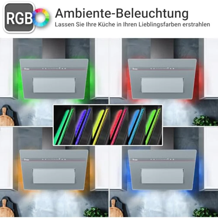 KKT KOLBE PLOOM9005G Dunstabzugshaube 90 cm, A+++ Energieeffizienz, 782 cbm/h, Umluft/Abluft, smart WiFi, SensorTouch, RGBW LED-Beleuchtung, Glas matt grau, Kopffrei – Bild 2