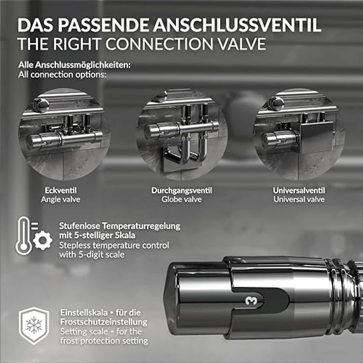 ECD Germany Ventil-Armaturen Set Multiblock Chrom, Anschlussgarnitur für Badheizkörper mit Mittelanschluss und Thermostatkopf, einfach zu montieren, geeignet für Zweirohr-Zentralheizungsanlagen – Bild 5