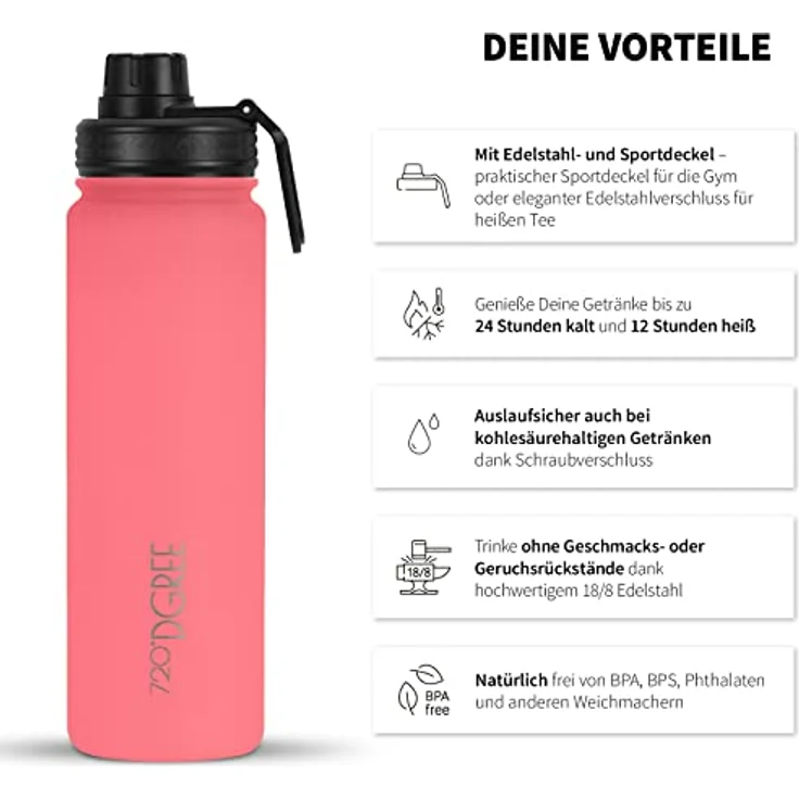 720 DGREE Trinkflasche Edelstahl 530ml Thermo mit gratis Sportdeckel noLimit koralle – Bild 2