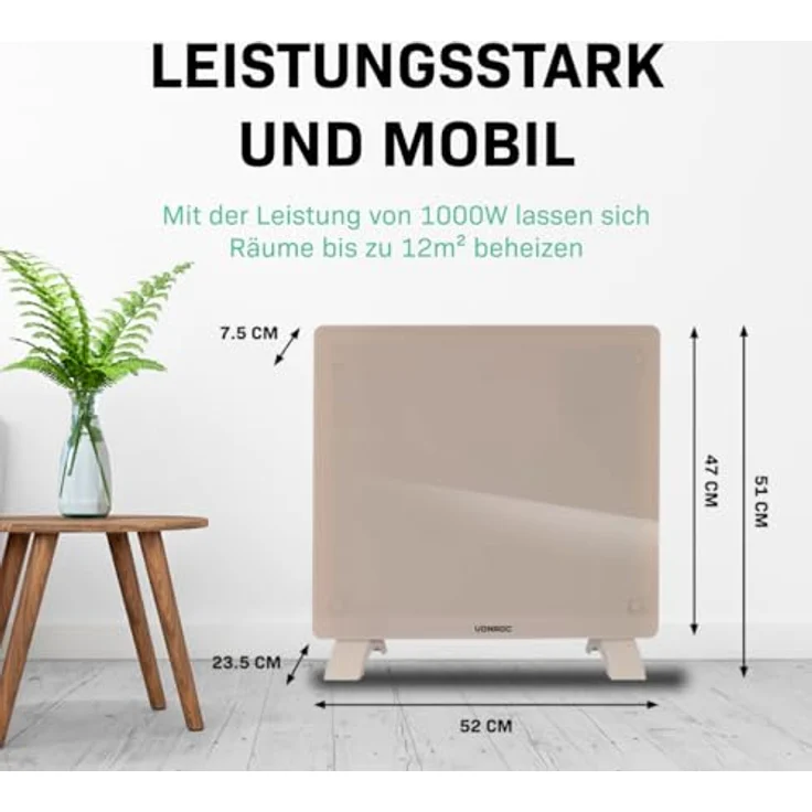 VONROC Glass convector heater 1000W, WiFi-fähig, beige mit LED-Anzeige für Räume bis 12 m² – Bild 4