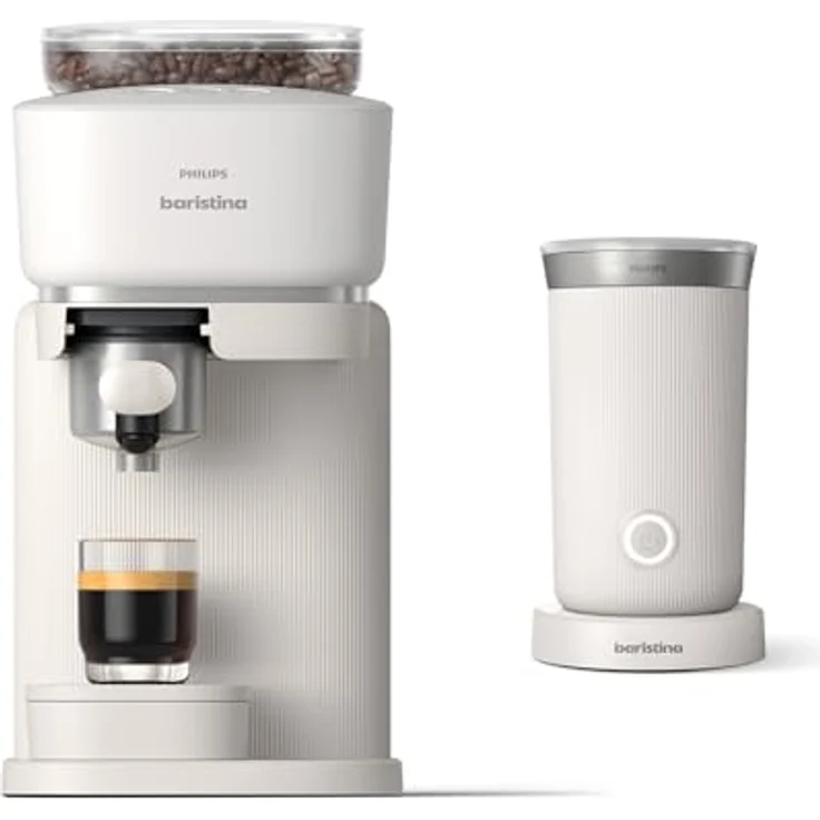 PHILIPS Baristina Espressomaschine und Milchaufschäumer Paket. Real Espresso- made simple. Naturweiß mit naturweißem Siebträger- 16-bar-Pumpendruck- automatisches Mahlwerk- Cafe Crema (BAR303/00) – Bild 1