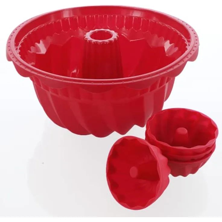 Coolinato 5er Set Silikon Gugelhupfformen rund, Rot, 1x groß 4x klein, Silikonformen zum Backen von großen und kleinen Gugelhupf Kuchen, inkl. 4 Rezepten