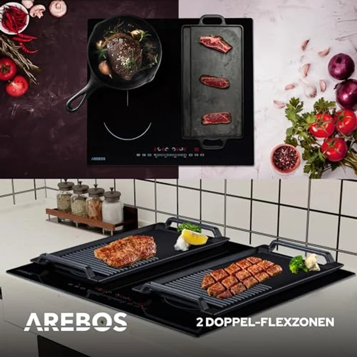 Arebos Induktionskochfeld | 7200 W | 4 Kochfelder mit 2 doppel Flexzonen | 59 cm | Autark | mit Sensor Touch, Timer, Kindersicherung, Überhitzungsschutz, Autoabschaltung – Bild 4