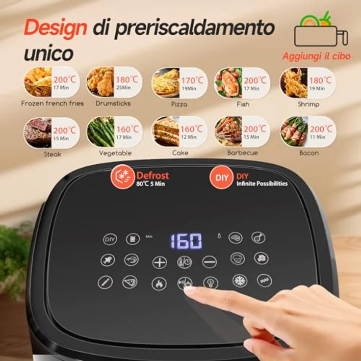 Aigostar XXL Heißluftfritteuse 6,5L mit Sichtfenster, 1600W, Touchscreen, 12 Programme, intelligentes Vorheizen, antihaftbeschichtet, Schwarz – Bild 2