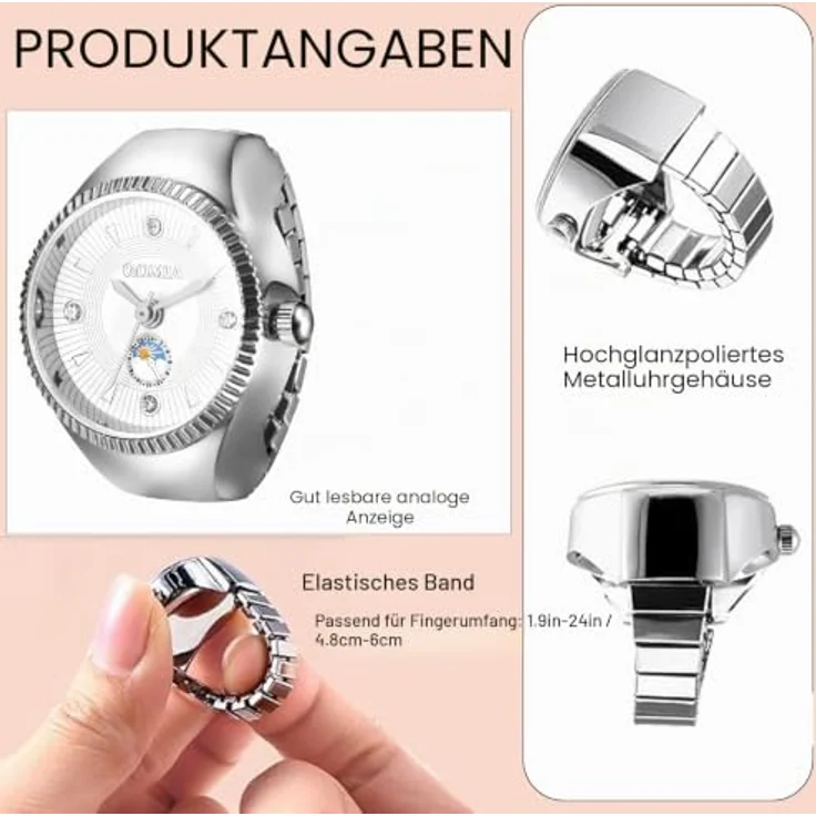 JewelryWe Fingeruhr Elastische Ringuhr Damen, Silber Analog Quarz mit Edelstahl Stretchband und facettierte Lünette, Unisex Design – Bild 3