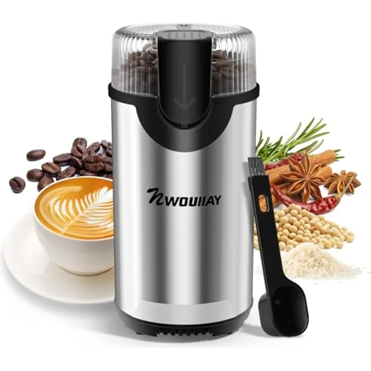 NWOUIIAY Elektrische Kaffeemühle 300W, 80g für Kaffeebohnen und Gewürze, Edelstahlklingen, kompakt und mehrzweckgeeignet
