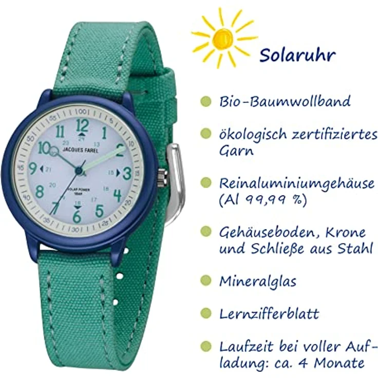 Jacques Farel Solaruhr ORSO 3105, Kinderarmbanduhr mit 31 mm Gehäuse, allergikerfreundlichem Reinaluminium und mineralisch vergütetem Glas, nachhaltiges Geschenk für Kinder – Bild 3