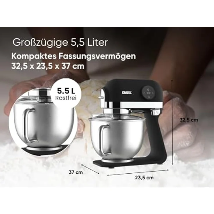 ERATEC Küchenmeister Deluxe Küchenmaschine in Schwarz - 1200W, 6-Gang, 5,5L Edelstahlschüssel, inkl. Zubehör für Teig & Mehr - Modern & Leistungsfähig – Bild 4
