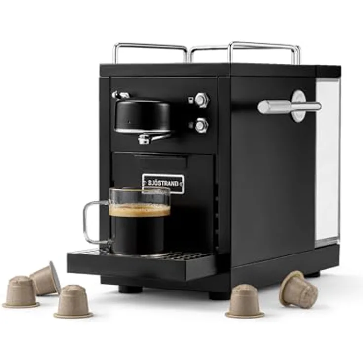 Sjöstrand The Original 2 Kapsel-Kaffeemaschine, 19-Bar-Drucksystem, Edelstahl, Schwarz, kompatibel mit Nespresso® Original Kapseln