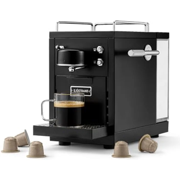 Sjöstrand The Original 2 Kapsel-Kaffeemaschine, 19-Bar-Drucksystem, Edelstahl, Schwarz, kompatibel mit Nespresso® Original Kapseln – Bild 1