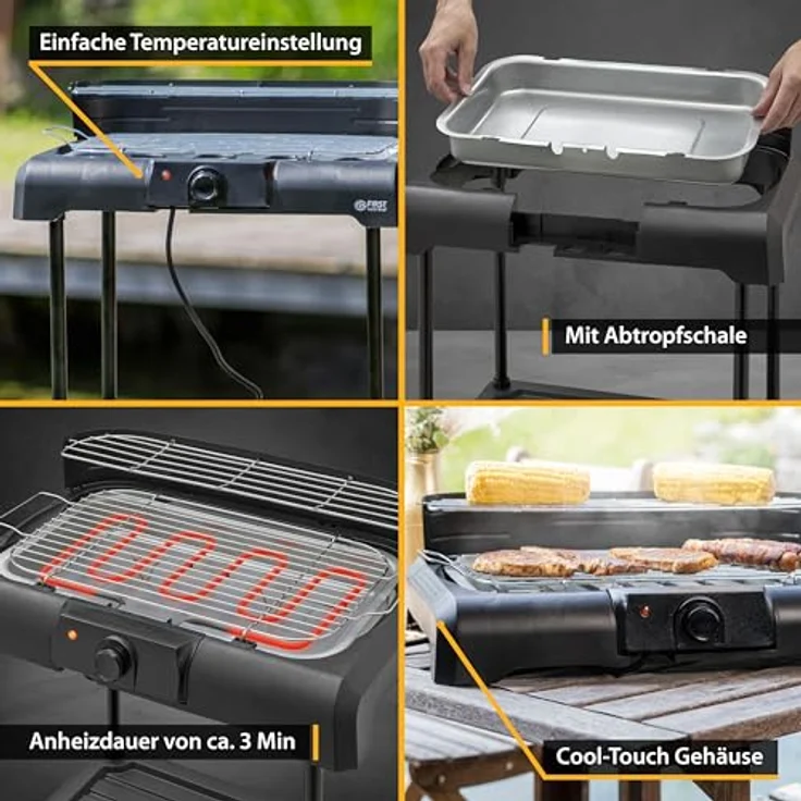 TZS First Austria Standgrill | Elektrogrill 2000 W mit Temperaturregler & Wärmereflektor | Gartengrill Schwarz mit Standfüßen | Grillfläche [45cm x 22cm] inkl. Windfang | Barbecue Elektrisch Tischgrill – Bild 4