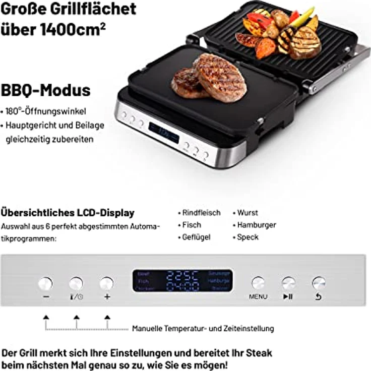 Lauben Contact Grill Deluxe 2000ST Tisch-Kontaktgrill mit 6 Automatikprogrammen, abnehmbaren Platten, LED-Display, Speicher-Funktion, Abtropfschale, Spülmaschinengeeignet – Bild 2
