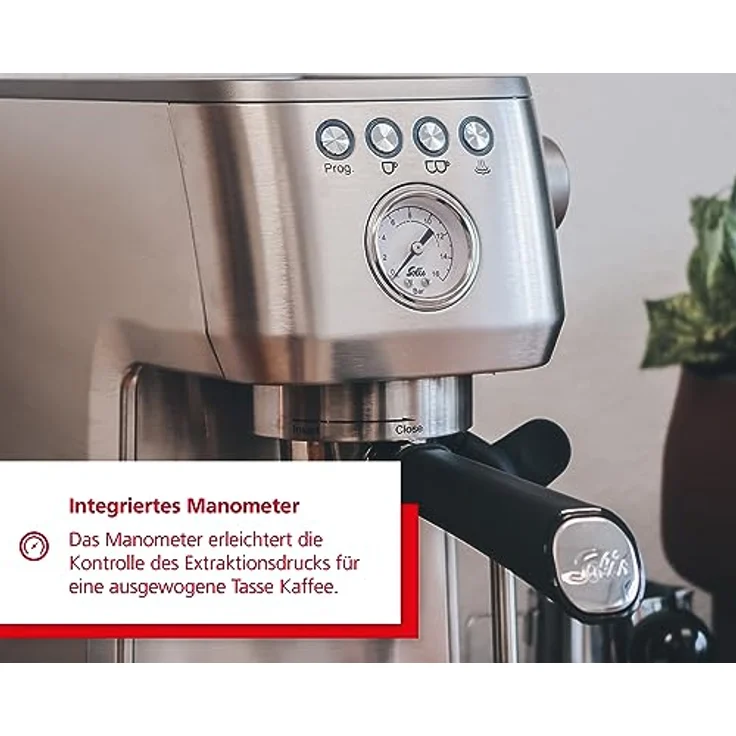Solis Espressomaschine Siebträger Barista Perfetta Plus 1170 V2 - Siebträgermaschine - Manometer - Dampf-/Heißwasserdüse - Temperaturregler - 54 mm Siebträger - Doppelauslauf - Silber – Bild 4