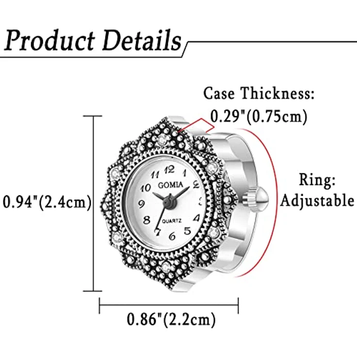 JewelryWe 2pcs Ringuhr Fingeruhr Damen, Analog Quarz, Retro Geschnitzt Blumen, Edelstahl, Verstellbar, Wasserfest, Silber Gehäuse – Bild 2