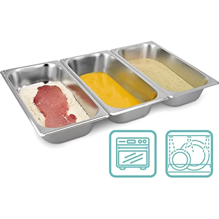 Navaris Panier-Set aus Edelstahl 3-teilig - 3x Schale zum Panieren 32,5 x 17,5 x 6,5 cm - Schnitzel Fleisch Fisch - Metall Panierstraße rechteckig