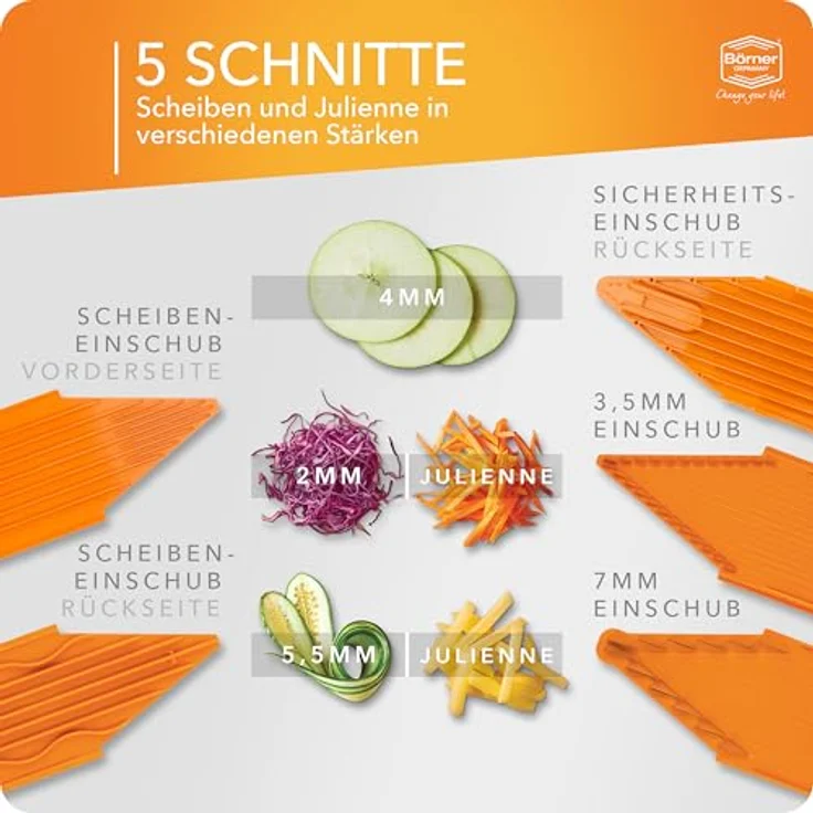 Börner Gemüsehobel V3 TrendLine Profi Set, Kunststoff, mit 2 Messereinschüben und Dockingstation orange – Bild 3