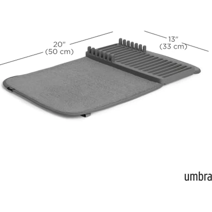 Umbra Udry Mini Geschirr Abtropfgestell und Mikrofaser Abtropfmatte – Faltbar, Platzsparend und Leicht Verstaubar, 50 x 33 cm, Dunkelgrau – Bild 3