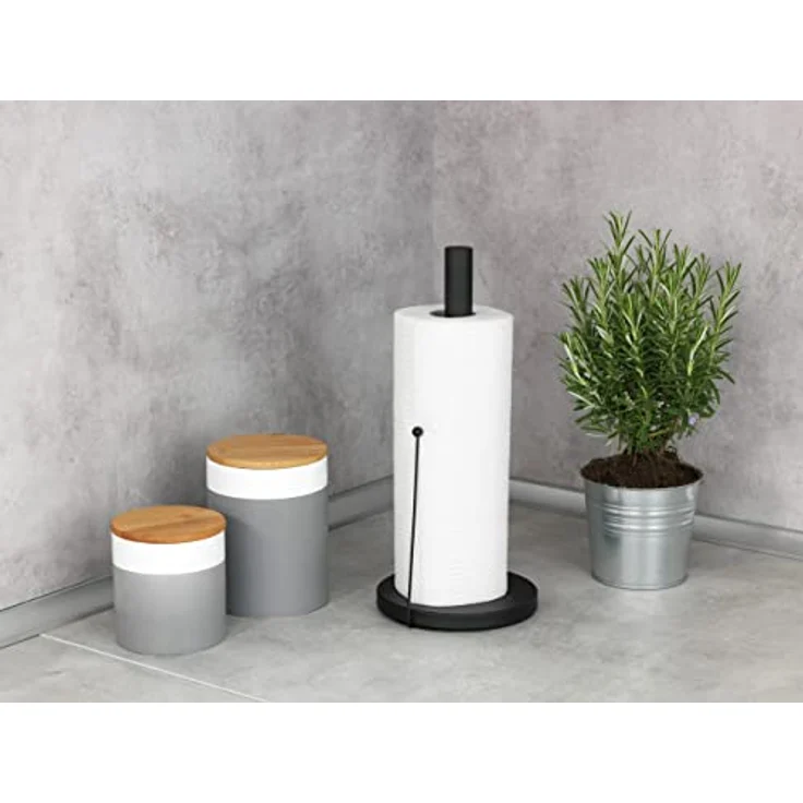 WENKO Küchenrollenhalter Clayton, Küchenhelfer, freistehender Halter für alle gängigen Küchenrollen ideal für die Küche, aus pulverbeschichtetem Metall, Küchenzubehör misst Ø 15 x 33 cm, Schwarz – Bild 3