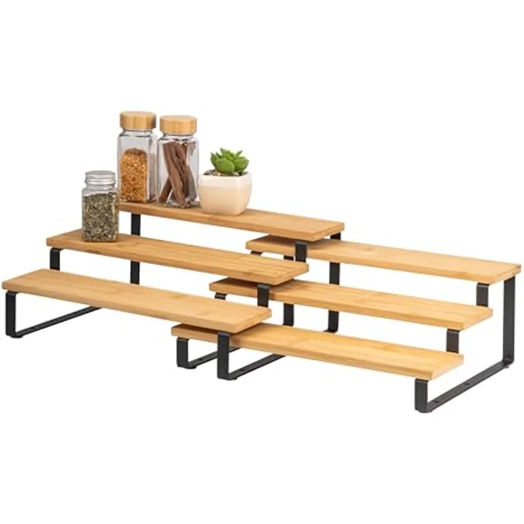bremermann 3-stufige Gewürzregale 2er-Set, ausziehbare Küchenregale mit Bambusablageböden und Schutzpads am Boden, vielseitig einsetzbar - Modernes Bambusdesign (2er Set Schwarz)