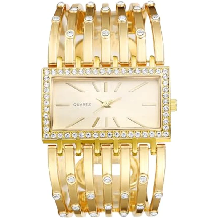 JewelryWe Damenuhr Rechteckig Armreif Uhr, Glitzer Strass Analog Quarz Armbanduhr in Gold mit breitem Metallarmband und Diamantverzierungen – Bild 1