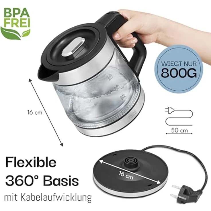 Lebenlang Glas-Wasserkocher 1,2 L, 1500 W – energieeffizient, 360°-Sockel, Edelstahl-Optik, automatische Abschaltung – Bild 2