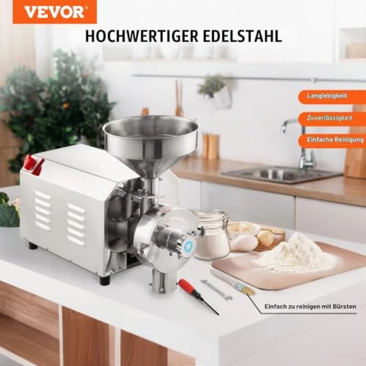 VEVOR Sojabohnenmühle, kommerzielle Edelstahl-Mahlmaschine mit 3000 W, 100 kg/h Effizienz, einstellbare Pulverfeinheit, ideal für Gewürze und Getreide, 605 x 290 x 460 mm – Bild 2