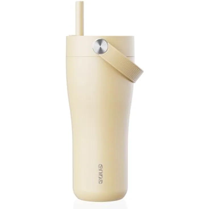 EQUA Carry Cup Edelstahl Isolierte Trinkflasche mit klappbarem Strohhalm, 600ml, 15 Stunden kalt oder 8 Stunden heiß, 100% auslaufsicher, Butterfarbe
