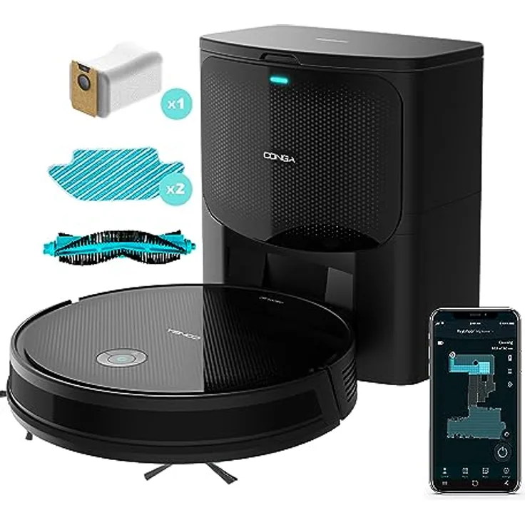 Cecotec Conga 2499 Ultra Home Titanium Roboter mit Selbstentleerungsbasis, Gyroskop-Technologie, 2100 Pa, App, Multifunktionsbürste, 2 Seitenbürsten, 2 Mopas, automatische Beutelerkennung