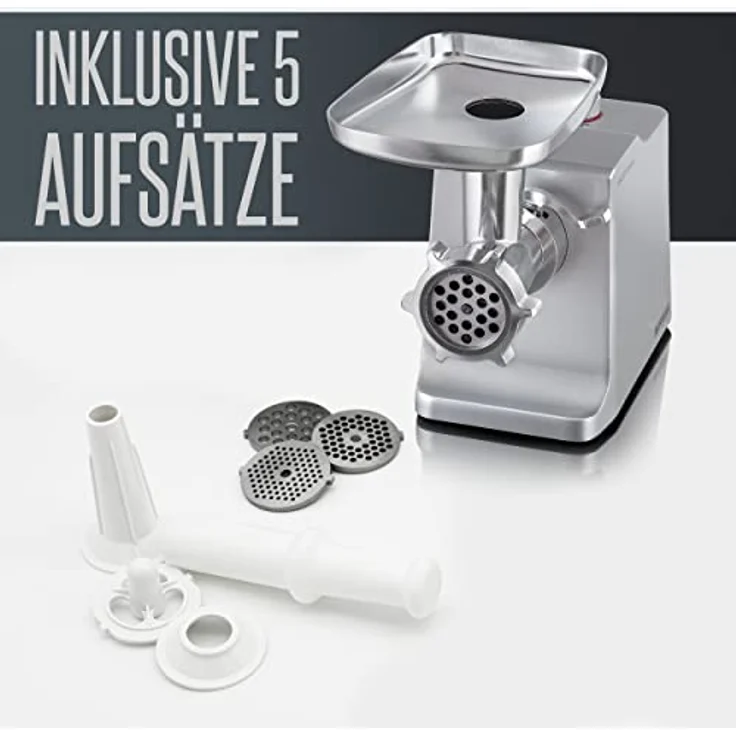 Heinrich´s Elektrischer Fleischwolf & Wurstmaschine inkl. 3 verschiedene Hacksiebe+Kebbeaufsatz+ Wurstaufsatz+Stopfer, 1800W Motor, Profi Metallgetriebe, 2KG/pro min Fleischverarbeitung - leistungsstarker Fleischwolf in Silber – Bild 2