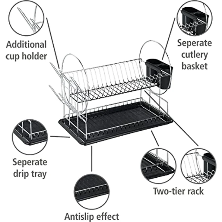 WENKO Geschirrabtropfer Premium Duo, Geschirr Abtropfständer für die Küche, Abtropfgestell mit Besteckkasten und Tellerständer, 52 x 36 x 24 cm, Silber-Schwarz – Bild 5