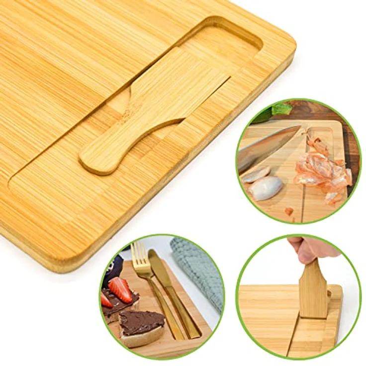 DuneDesign Alleskönner mit Auffangschale: 2er Set Schneidebrett Bambus - 30x22 - Holzbrett Küche Zubehör Haushalt - Frühstücksbrettchen Holz Groß Schneidebrett Holz für die Küche Frühstücksbrett Groß – Bild 3