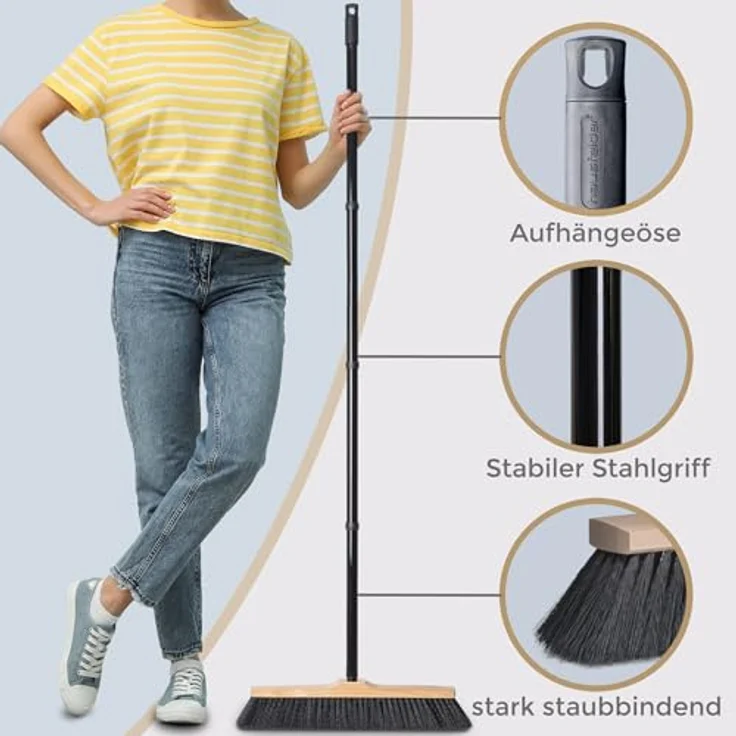 Hausfelder Staubbesen Zimmerbesen mit Stiel, 40 cm Kehrbreite, weiche schwarze Borsten, 4-teiliger Metallstiel mit Drehgewinde – Bild 3